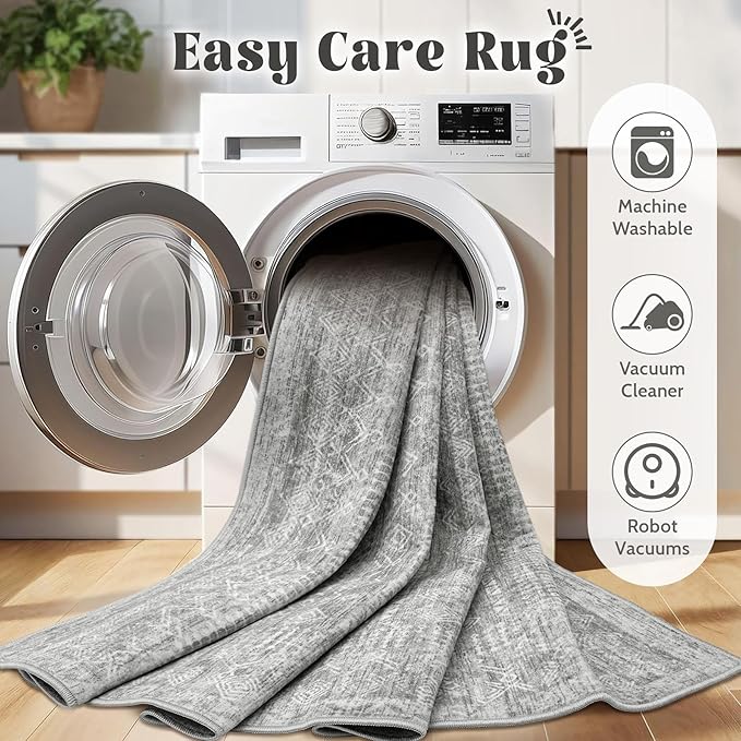 Living Room Rugs 9x12: Washable Moroccan Geometric Boho Rug Farmhouse Non Slip Stain Resistant Large Rug Low Pile Soft Carpet for Bedroom Dining Room Children Room (Grey,9'x12')
