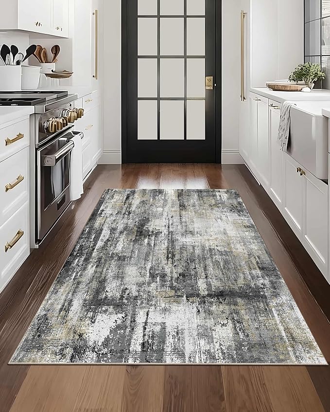 Latte&Fog 3x5 Entryway Rug, Vintage Washable Area Rug, Boho Non Slip Low Pile Throw Carpet for Indoor Bedroom Bedside, Kitchen, Entry and Living Room - Black Gold