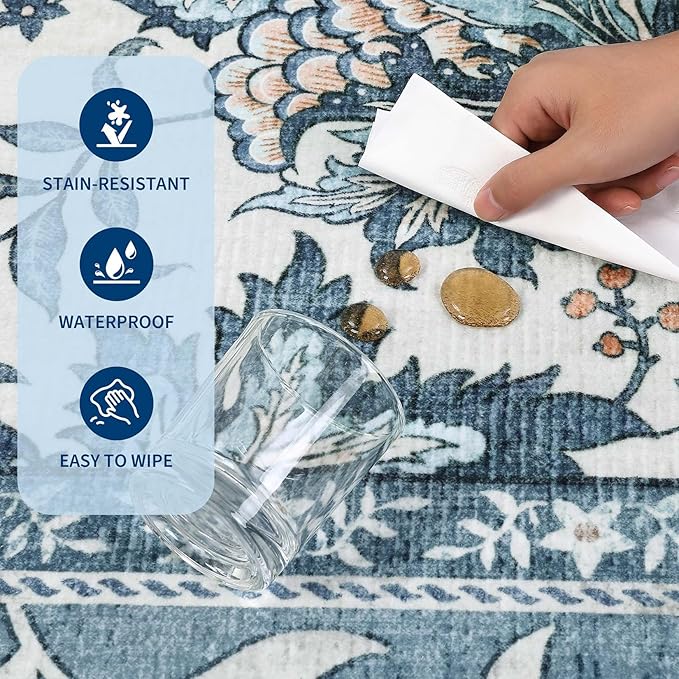 GarveeHome Provence Botanical Grove 4x6 Rug Vintage Cottagecore Retro Blue 4 x 6 Area Rug for Bedroom Living Room Nursery Kitchen Entryway Indoor Mat