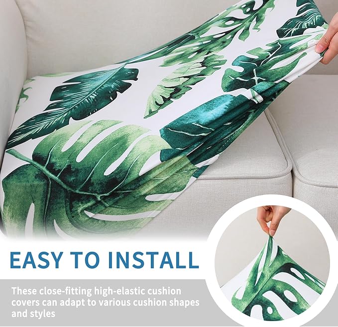 hyha Printed Couch Cushion Covers, Floral Sofa Covers Washable for 2 Cushion Couch, Stretch Pattern Outdoor Cushion Covers for Patio Furniture with Elastic Bottom(2 Packs, Monstera Deliciosa)