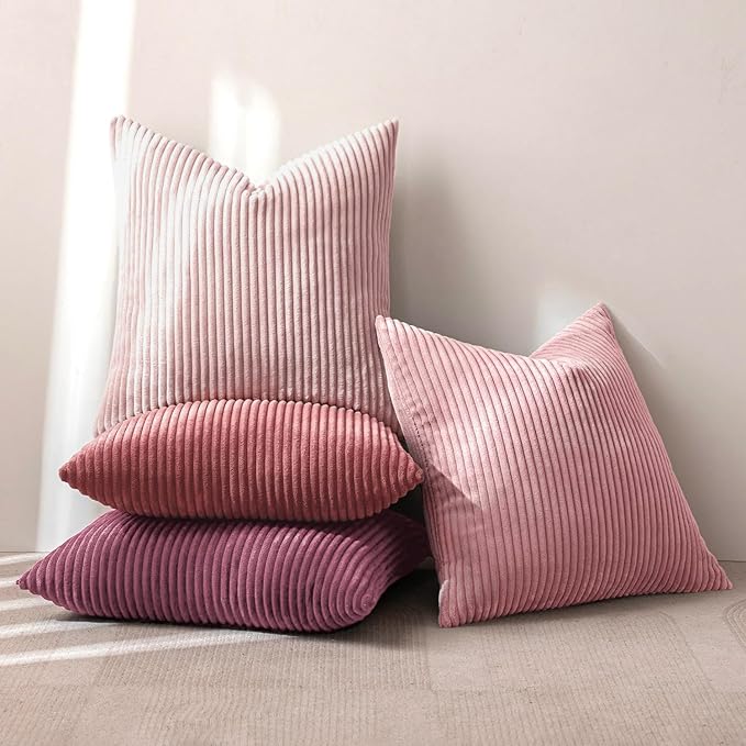 MIULEE Pack of 4 Purple Pink Valentines Corduroy Decorative Throw Pillow Covers 18x18 Inch Soft Boho Striped Pillow Covers Modern Farmhouse Spring Home Decor for Sofa Living Room Couch Bed