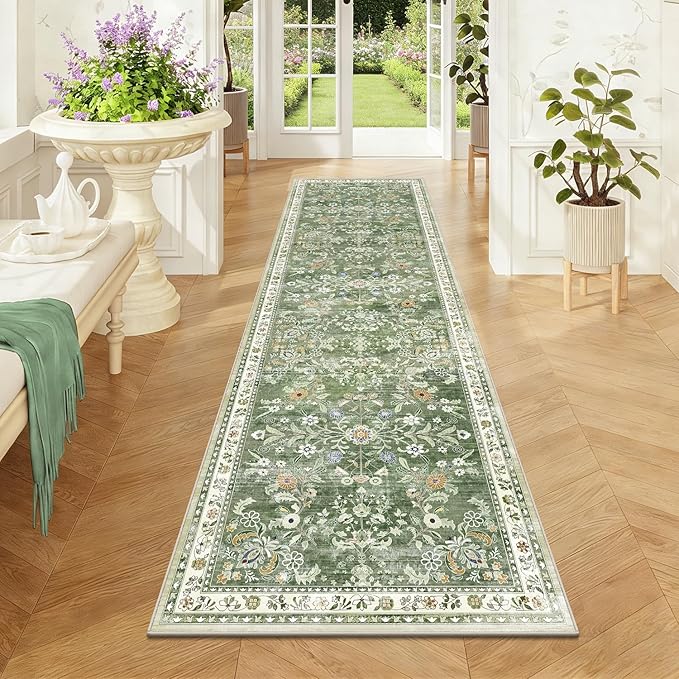 Yamaziot Washable Runner Rug 2x7 – Non Slip Boho Floral Hallway Runner Rug with Rubber Backing, Low Pile Wool Distressed Carpet for Kitchen, Laundry, Bedroom, Entrance, Mottled Green