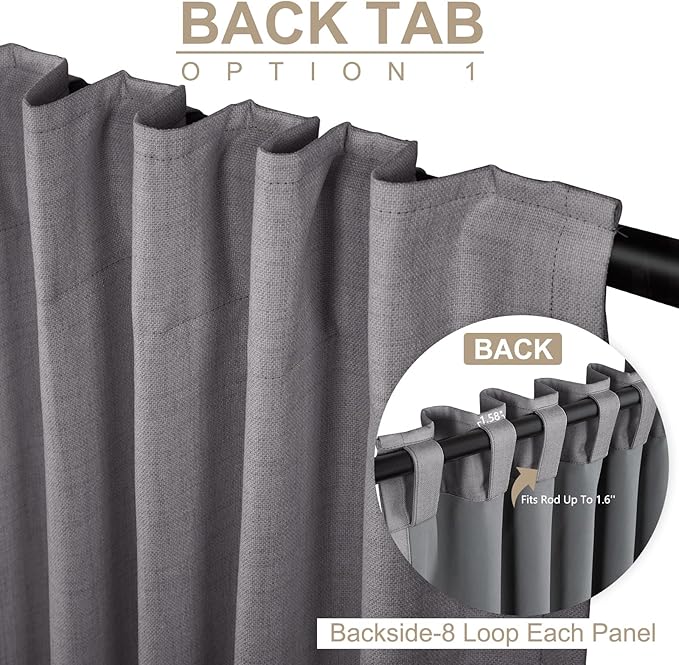 100% Blackout Shield Linen Blackout Curtains for Bedroom 102 Inches Long, Back Tab/Rod Pocket Living Room Drapes, Thermal Insulated Blackout Curtains 2 Panels Set, 50" W x 102" L, Darkgray