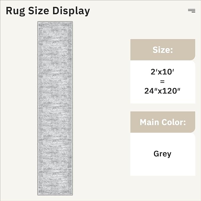 Runner Rug 2x10 Washable Non-Slip Hallway Runner Rugs for Kitchen Bathroom Laundry Room Grey Vintage Floor Carpet Runners for Hallways Entryway