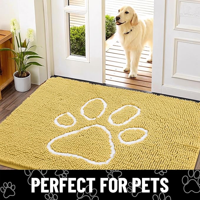 Smiry Dog Door Mat for Muddy Paws, Absorbent Dirt Trapper Non Slip Quick Dry Washable Chenille Mat for Mud Dogs, Entry Rug for Indoor and Outdoor (36x24 Inches, Yellow and White)