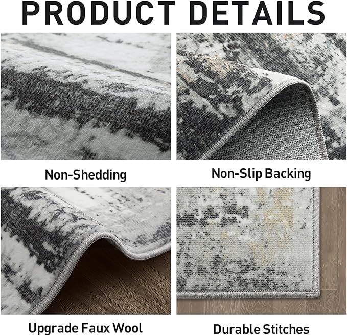 10x14 Area Rugs Washable Rug: Modern Abstract Living Room Rug Soft Anti-Skid Thin Carpet Indoor Floor Non-Shedding Carpets for Bedroom Dining Room Farmhouse Nursery Home Office Black Grey Gold