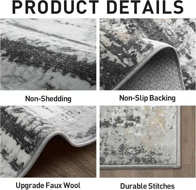 2'6''x8' Runner Rugs Washable Rug: Modern Abstract Hallway Runner Rug Indoor Soft Low Pile Thin Carpet Anti-Skid Non-Shedding Carpets for Kitchen, Entryway, Laundry, Bedroom - Black Grey Gold