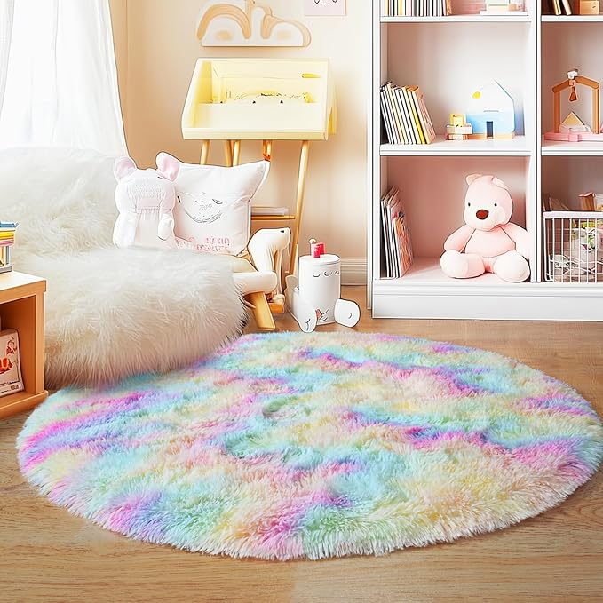 3'x3' Rainbow Round Rugs for Girls Bedroom, Ultra Soft Fluffy Circle Rug for Kids Room, Cute Small Shag Rugs for Living Room Playroom Tent Castle Home Decor Rug
