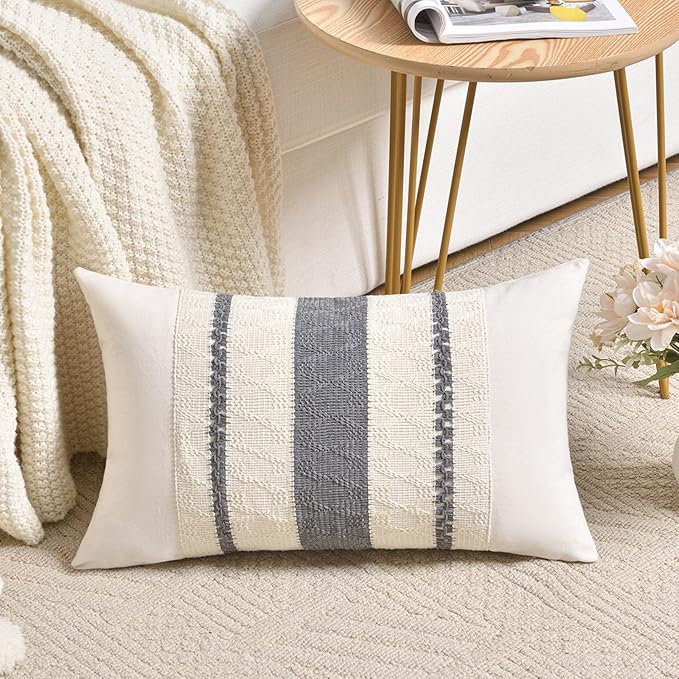 Fancy Homi Set of 1 Neutral Grey Farmhouse Long Lumbar Decorative Throw Pillow Covers 14x24 Inch for Couch Bed Chair, Vintage Country Rustic Retro Room Decor, Soft Thick Cotton Rectangle Cushion Case