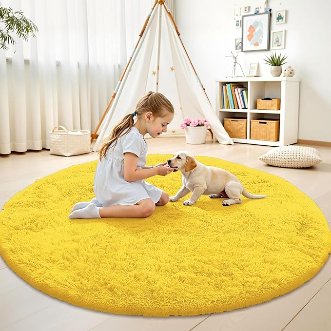 OLANLY Yellow Round Rugs for Bedroom - Machine Washable, 9 ft Circle Area Rugs for Living Room, Soft and Fluffy Shaggy Carpet for Teen Girl and Boys, Nursery Rooms, Dorms, Home Decor Aesthetic