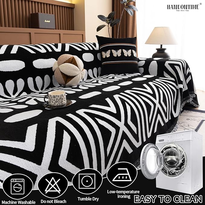 HANDONTIME Boho Couch Cover Blanket Geometric Striped Pet Covers for Couches and Sofas Black and White Dog Cover for Couch Pet Friendly Chenille Sectional Sofa Covers for Pets Washable, 71" X 118"