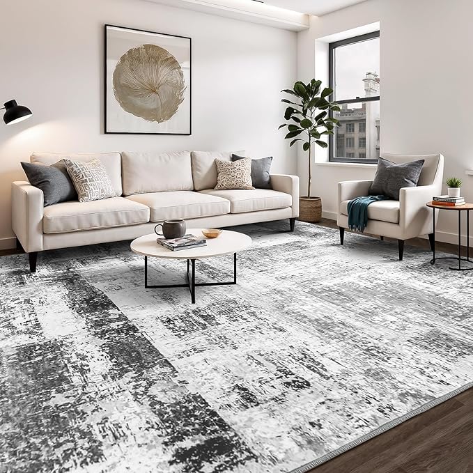 Rugflix 8x10 Large Area Rugs for Living Room, Abstract Washable Rug, Non-Slip, Stain Resistant, Soft Low Pile Carpet, Indoor Grey Rug for Bedroom, Dining Room, Home Office
