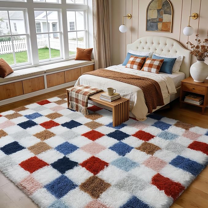 Shag Area Rug for Bedroom Living Room,5x8 Fluffy Soft Colorful Checkered Rug Fuzzy Shaggy Bedroom Carpet,Indoor Plush Floor Rugs for Kids Boys Girls Teen Dorm Nursery Home Decor