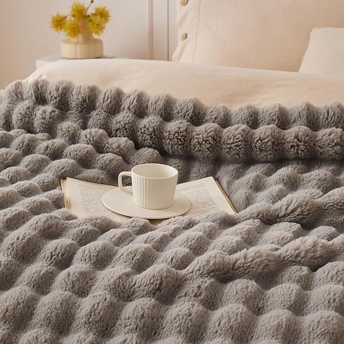 COOVA Faux Fur Throw Blanket for Couch, Cozy Soft and Fuzzy Plush Rabbit Fur Bubble Blanket for Sofa Bedroom Living Room, 50x60 Inches Grey