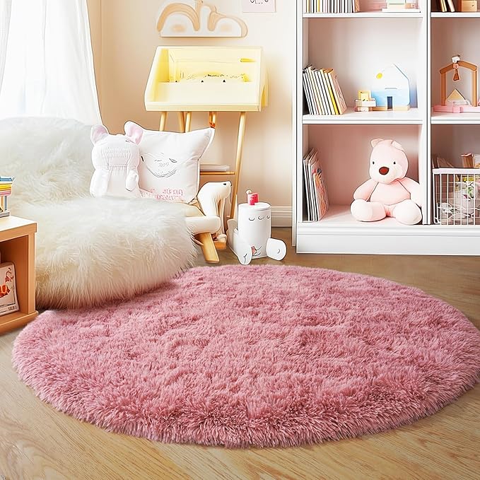 3'x3' Blush Round Rugs for Girls Bedroom, Ultra Soft Fluffy Circle Rug for Kids Room, Cute Small Shag Rugs for Living Room Playroom Tent Castle Home Decor Rug