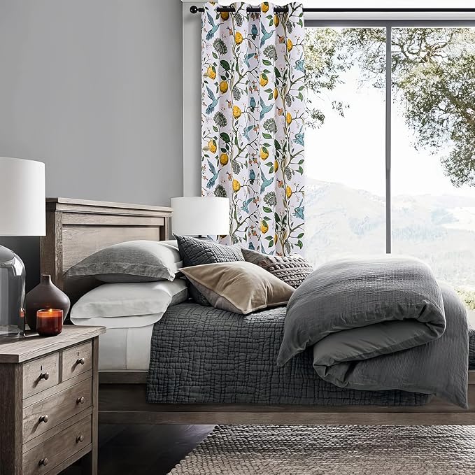 Topfinel 90 Inches Long Custom Window Curtains, Unique Chinoiserie Safari Floral Hummingbird Plant Lemon Patterned Extra Wide Noise Dampening Grommet White Satin Shabby Chic Drapes for Living Room