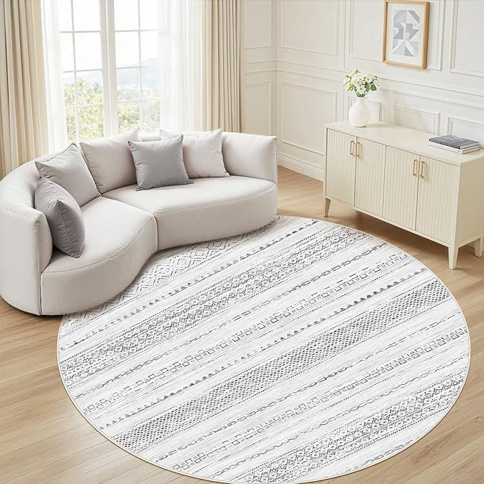 Nakagishi Round Rug Boho Area Rugs: 8x8 Washable Large Circle Neutral Soft Stain Resistant Non-Slip Carpet for Women Aged 25-45 Farmhouse Decor Enthusiasts - Living Room Bedroom Dining Room Nursery
