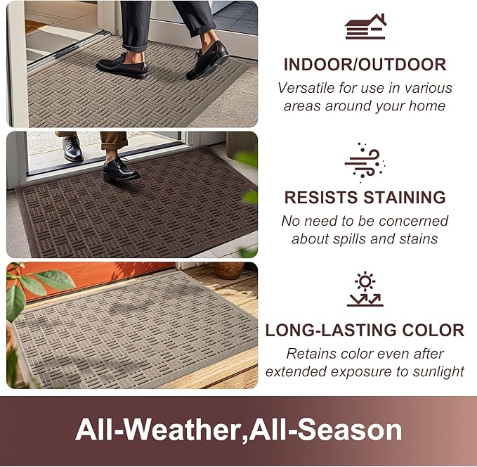 Mibao Front Door Mat Indoor Outdoor Entrance, Dirt Trapping Waterproof All-Season, All-Weather Doormat, Non-Slip Durable Natural Rubber Low Profile Easy Clean Patio Entrance Mat, 61.5" x 36", Coffee
