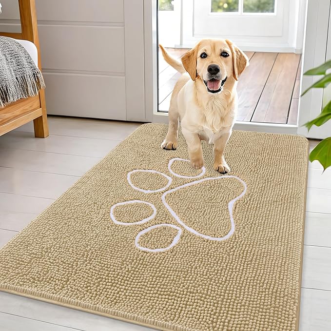 OLANLY Dog Door Mat for Muddy Paws 44x32, Paw Print Design, Absorbs Moisture and Dirt, Absorbent Non-Slip Washable Doormat, Quick Dry Chenille Mud Mat for Dogs, Entry Indoor Entryway Carpet, Beige