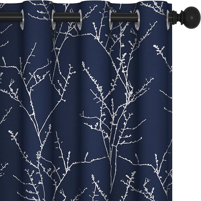 Deconovo Blackout Curtains, Navy Blue Curtain, Thermal Insulated Soundproof Drapes, Branch Silver Print, 52 x 72 Inch Long, Machine Washable Grommet Panels for Bedroom Living Room Office, Set of 2