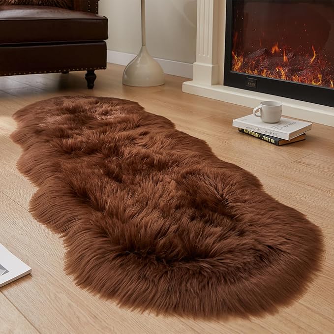 EasyJoy Ultra Soft Fluffy Shaggy Area Rug Faux Fur Rug Chair Cover Seat Pad Fuzzy Area Rug for Bedroom Floor Sofa Living Room (2 x 6 ft Sheepskin, Coffee)
