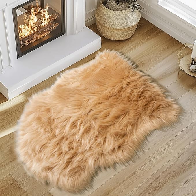 Faux Fur Rug - Faux Sheepskin Rug 2x3 Ft Irregular Shaped Carpet Fluffy Carpet Furry for Bedroom, Living Room, Nursery, Dorm, Chair, Fireplace, Closet (Beige)