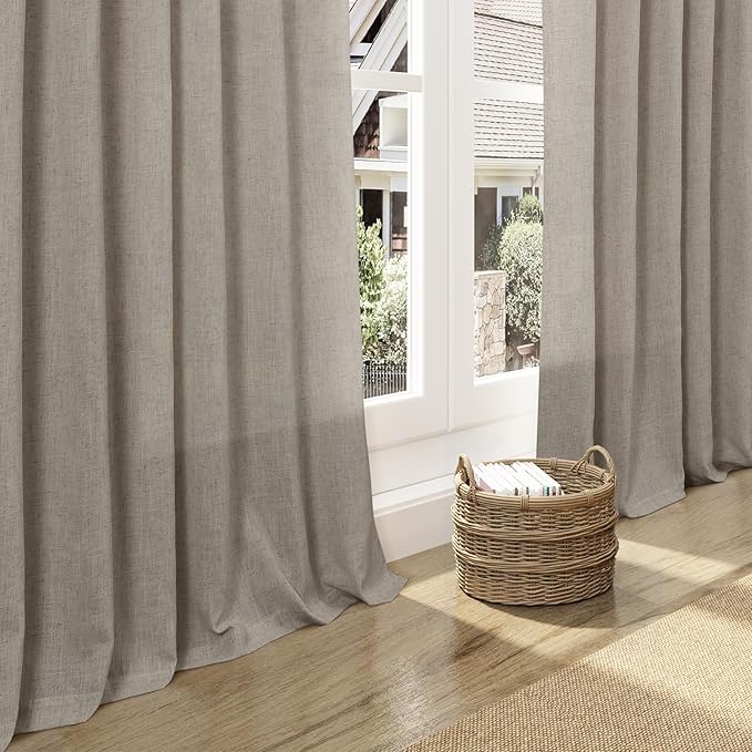Nanspring 108 Inch Long Curtains for Living Room Grey Beige Linen Simple Modern Light Filtering Semi Sheer Curtain Back Tab Boho Neutral Gray Floor to Ceiling High Window for Bedroom 52x108,2 Panels