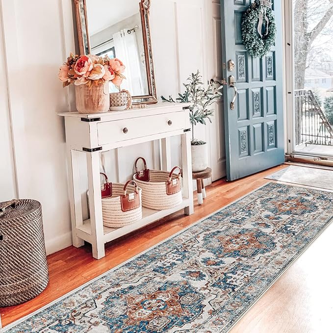 Hallway Washable Runner Rug - 2x7 Kitchen Rugs Entryway Rug Runner Vintage Soft Floor Mat Non Slip Indoor Farmhouse Carpet for Bathroom Living Room Bedroom (2 X 7, Brick)