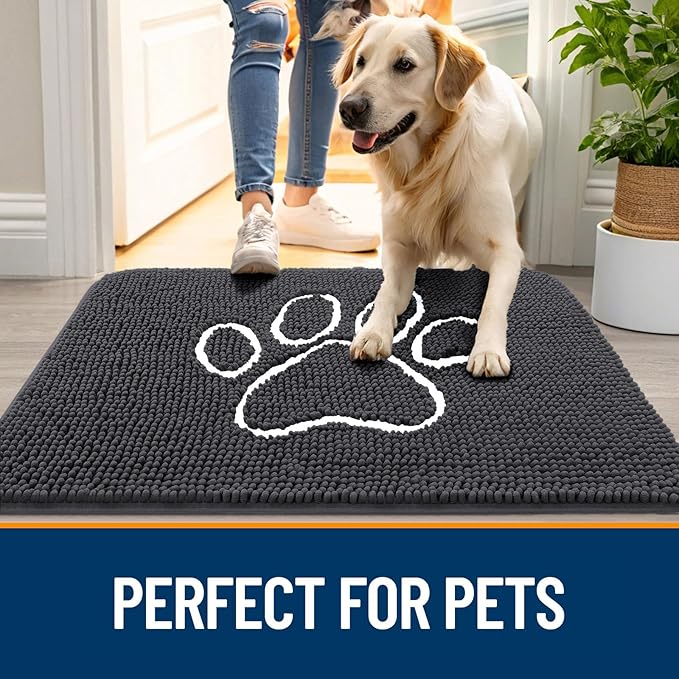 OLANLY Dog Door Mat for Muddy Paws 54x32, Paw Print Design, Absorbs Moisture and Dirt, Absorbent Non-Slip Washable Doormat, Quick Dry Chenille Mud Mat for Dogs, Entry Indoor Entryway Carpet, Dark Grey