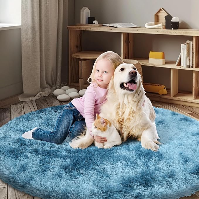 Super Soft Circle Rugs for Girls Princess Castle Toddlers Play Tent 5 Diameter Area Rugs for Kids Bedroom Baby Room Decor Round Shag Carpets(Φ5, Dark Blue Tie-Dyed)