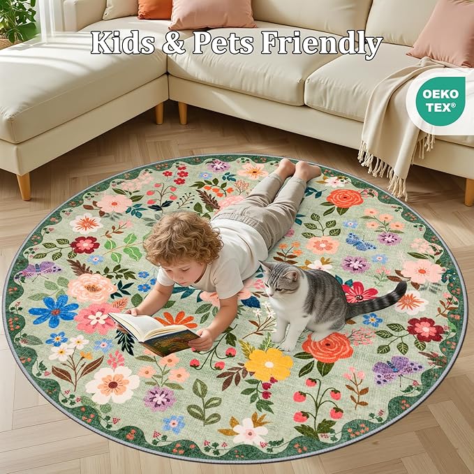 Round Area Rug for Living Room: 6 ft Floral Washable Circle Rug Soft Boho Non-Slip Carpet Indoor Stain Resistant Low Pile Small Circular Rug for Bedroom Entryway Kitchen Nursery Home Office Green
