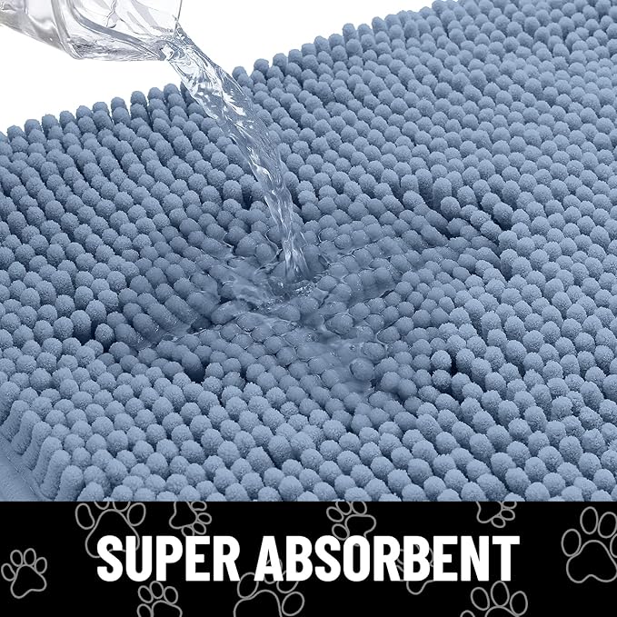 Smiry Dog Door Mat for Muddy Paws, Absorbent Dirt Trapper Non Slip Quick Dry Washable Chenille Mat for Mud Dogs, Entry Rug for Indoor and Outdoor (30x20 Inches, Airy Blue and White)