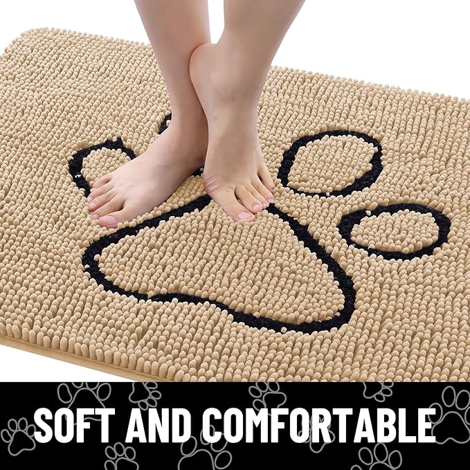 Smiry Dog Door Mat for Muddy Paws, Absorbent Dirt Trapper Non Slip Quick Dry Washable Chenille Mat for Mud Dogs, Entry Rug for Indoor and Outdoor (36x24 Inches, Beige and Black