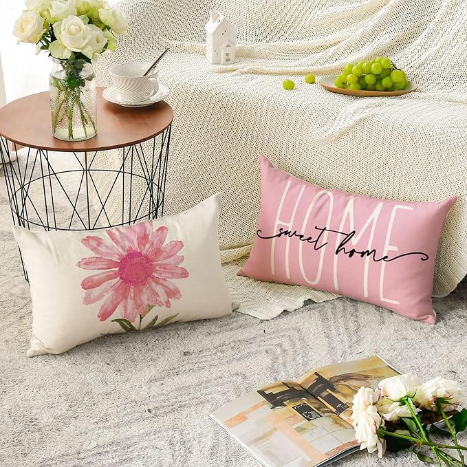 AVOIN colorlife Home Sweet Home Spring Summer Flowers Pink Throw Pillow Covers, 12 x 20 Inch Cushion Case for Sofa Couch Set of 4