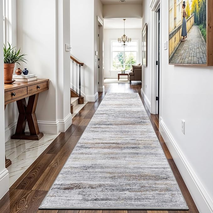 3x16 Washable Hallway Runner Rug: Extra Long Runners for Entryway Living Room Dining Room - Stain and Water Resistant Rugs with Non-Slip Backing - Soft Low-Pile Carpet 16ft Beige Grey