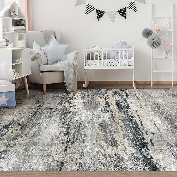 Area Rugs 6x9 for Living Room: Washable Rug Modern Abstract Neutral Soft Non-Slip Low-Pile Indoor Carpet for Bedroom Dining Room Playroom Home Office (Black Grey Brown, 6'x9')