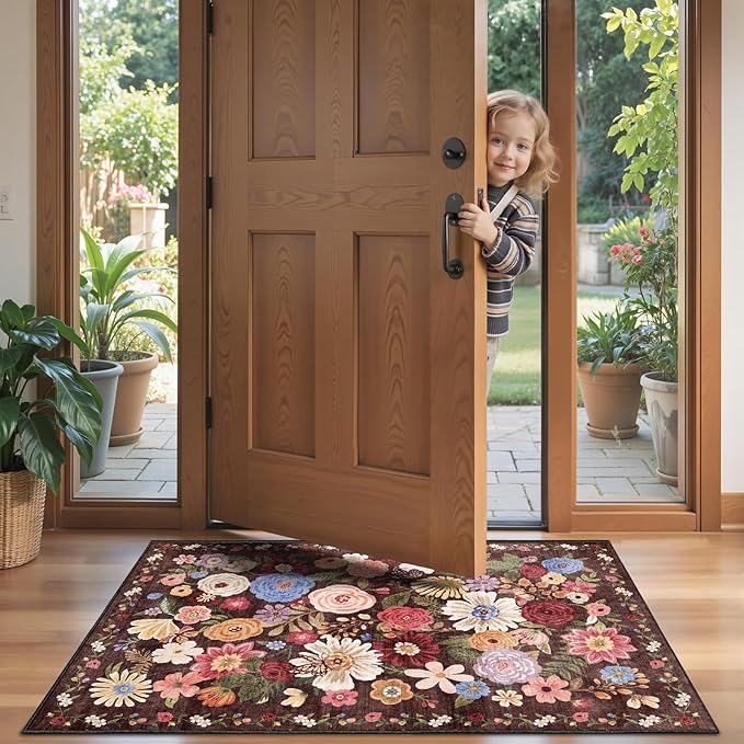 2x4 Entryway Runner Rugs, Non Slip Washable Rugs with Rubber Backing Soft Floral Carpet Runner for Kitchen, Laundry, Bedroom, Bathroom(2 x 4, Black/Brown)