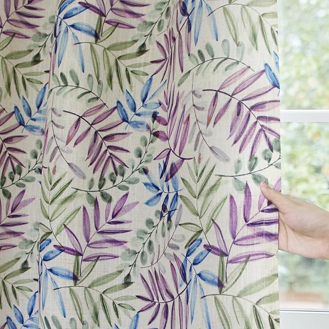 Yakamok Farmhouse Linen Curtains for Living Room 84 Inches Long,Texture Curtains Blue and Purple Grommet Leaves Plant Pattern Bedroom Curtain 2 Panels