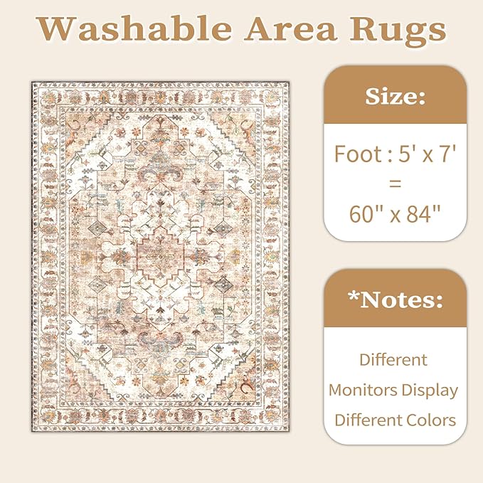 SERISSA Boho Area Rug 5x7 Peach Cream, Washable Large Rugs for Living Room, Ultra Soft Non-Slip Bedroom Rug Print Distressed Vintage Farmhouse Carpet Rug for Dining Room Dorm Office Home Decor