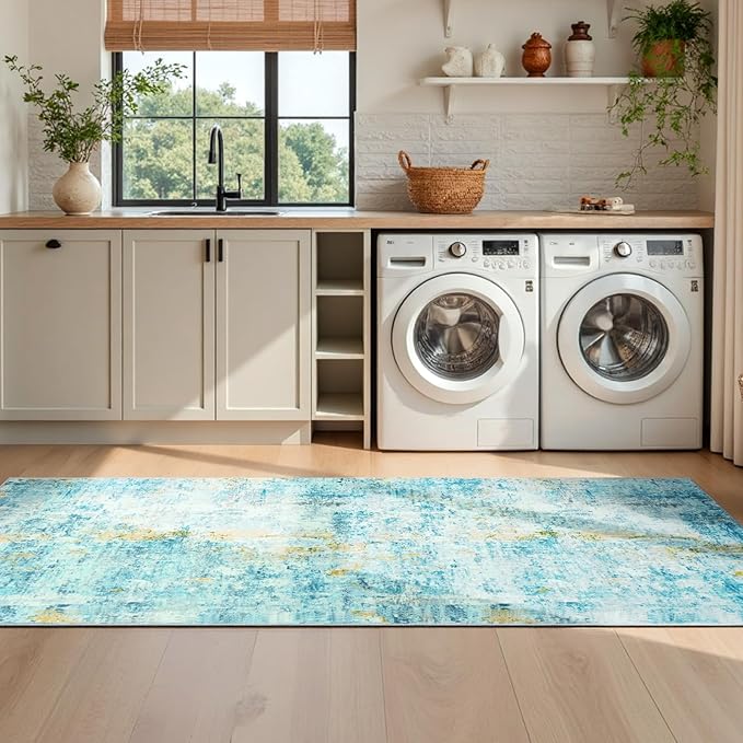 2x6 Teal Blue Rug Runners for Hallways Kitchen Runner Rug Non Slip Washable Long Runner Rugs with Rubber Backing Soft Abstract Carpet Runner for Bedroom, Kitchen, Bathroom, Entryway