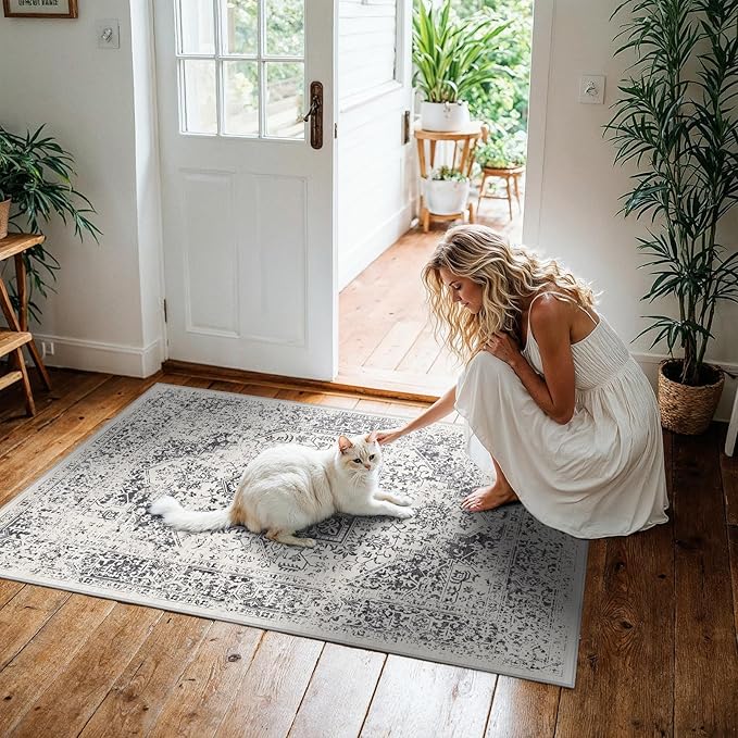 Washable 3x4 Area Rug for Entryway - Kitchen Non Slip Low-Pile Rugs Vintage Soft Thin Carpet Small Stain Resistant Mat for Bedroom Entrance Bathroom Floor Decor (Distessed Grey)