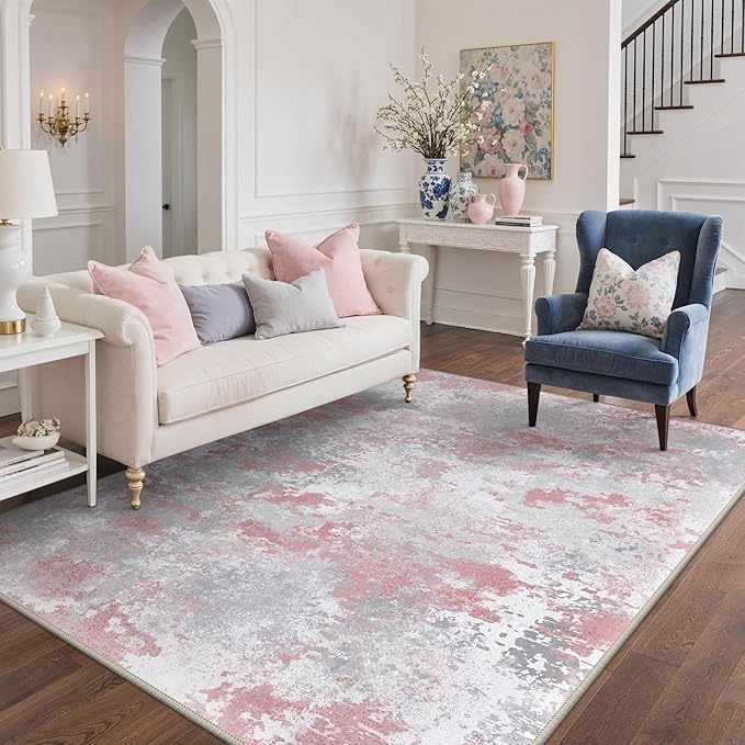 Area Rugs 5x7 for Living Room Bedroom, Modern Abstract Machine Washable Rug, Large Soft Low Pile Floor Carpet with Non Slip Backing for Dining Room, Light Pink