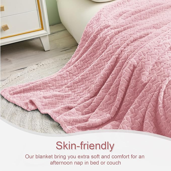 Exclusivo Mezcla Fleece Queen Size Blanket for Bed, 90x90 Inches Soft Cozy Jacquard Flannel Blankets, Lightweight Fuzzy Plush Warm for Women, Pink