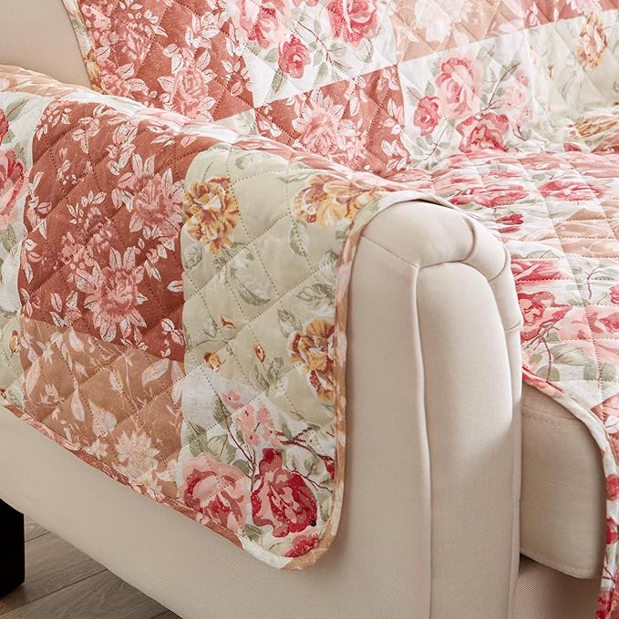 Great Bay Home Reversible Floral Patchwork Recliner Furniture Protector - Machine Washable, Scalloped Edge, Stain Resistant, Printed Furniture Cover for Dogs, Kids, and Pets (Burgundy/Taupe)