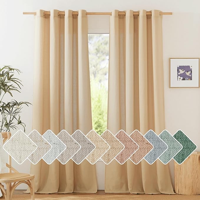 NICETOWN Linen Burlap Curtains for Farmhouse 120 inch Length, Grommet Privacy Added with Light Filtering Linen Weave Window Treatments for Bedroom/Living Room, W55 x L120, Set of 2