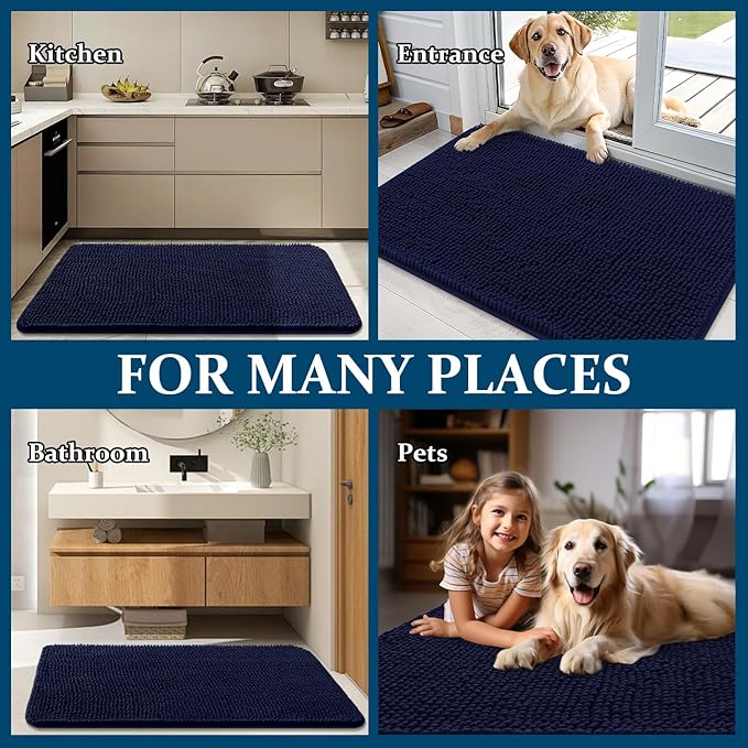 OLANLY Dog Door Mat for Muddy Paws 47x17, Absorbs Moisture and Dirt, Absorbent Non-Slip Washable Doormat, Quick Dry Chenille Mud Mat for Dogs, Entry Indoor Entryway Carpet for Inside Floor, Navy Blue