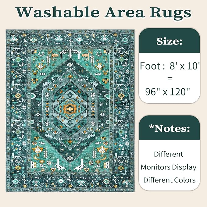 SERISSA Washable 8x10 Area Rugs Teal, Large Non-Slip Boho Living Room Rug, Ultra Soft Print Distressed Vintage Oriental Tribal Farmhouse Carpet for Dining Room Bedroom Dorm Office Home Decor