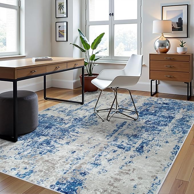 5x7 Area Rugs for Living Room Rug Washable: Abstract Rug for Dining Room Bedroom Carpet Non Slip 5 by 7 Indoor Modern Nursery Home Office Blue Grey White