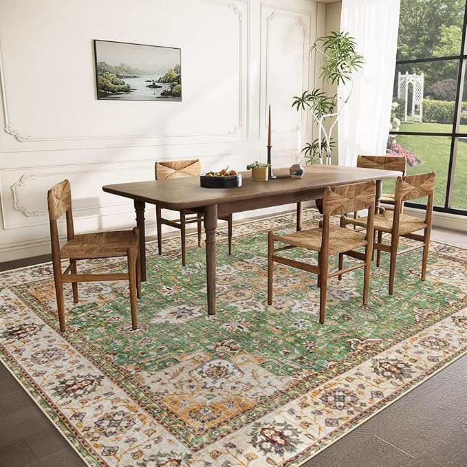 Area Rug 9x12 Washable Rug, Vintage Boho Medallion Rugs Non-Slip Soft Low Pile Large Distressed Rug Indoor Retro Carpet for Living Room Bedroom Dining Room Home Office (Vintage Green, 9'x12')