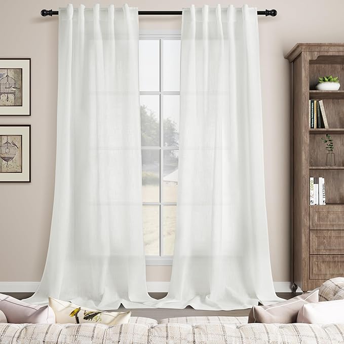 Solid Off White Curtains 96 Inches Long 2 Panels Back Tab Sheer Linen Curtain Modern Farmhouse Coastal Decor White Cotton Textured Gauze Curtains 96 inch Length for Patio Sliding Door Office Bedroom